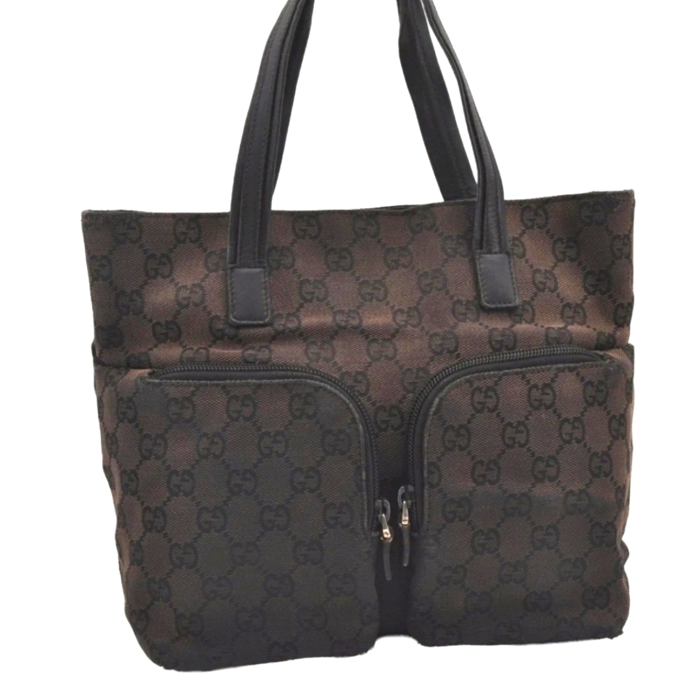 Authentic GUCCI Tote Hand Bag GG Monogram Canvas Leather Black Brown